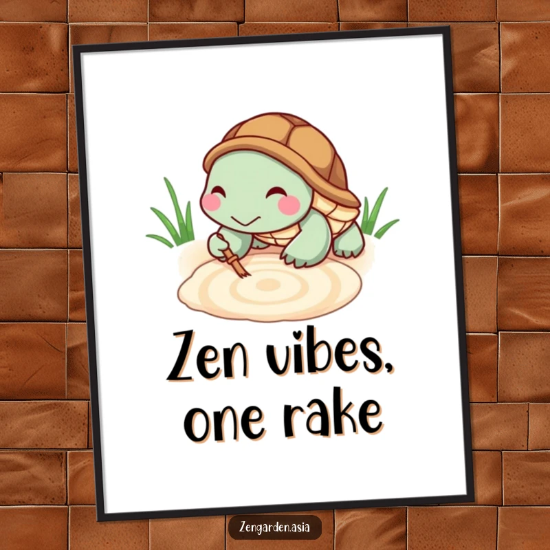 Funny Free Printable Wall Art: A tiny turtle with a wide grin meticulously rakes a pattern in a sandbox, embodying patient creativity.