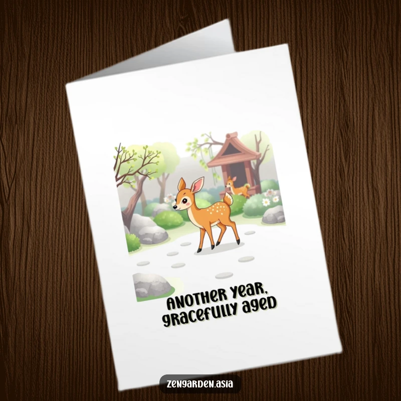 Graceful Free Printable Birthday Card: A deer walks through a zen garden, leaving gentle paw prints, wishing you a serene birthday.