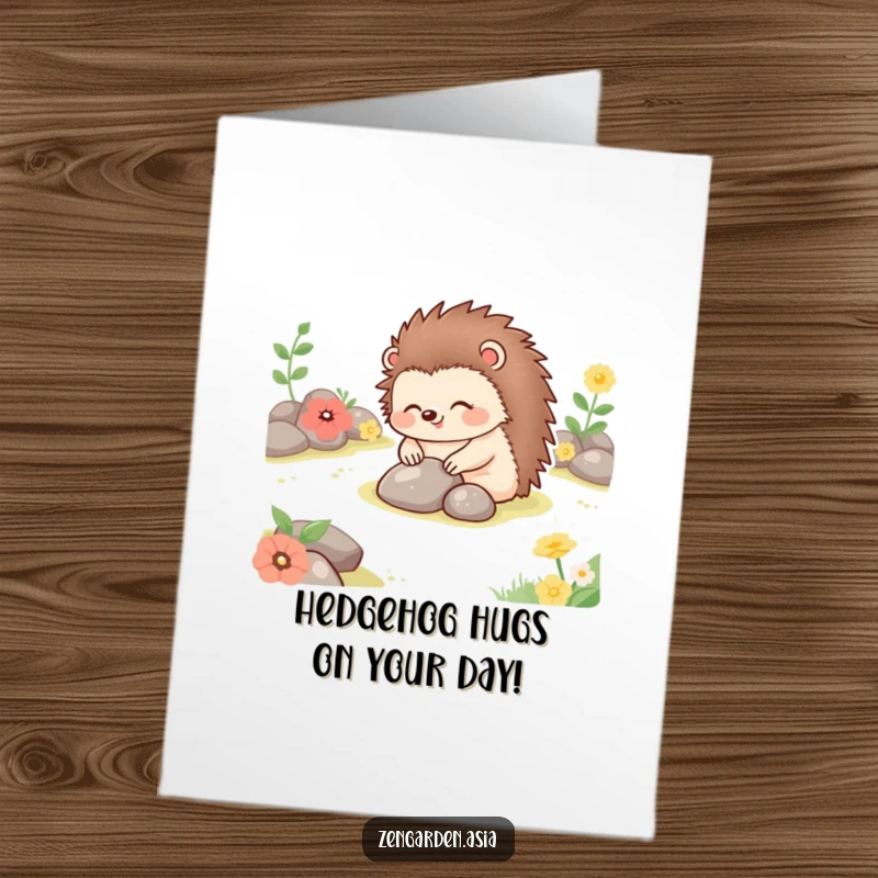 Funny free printable birthday card featuring a happy hedgehog carefully placing stones in a tranquil garden, spreading birthday cheer.