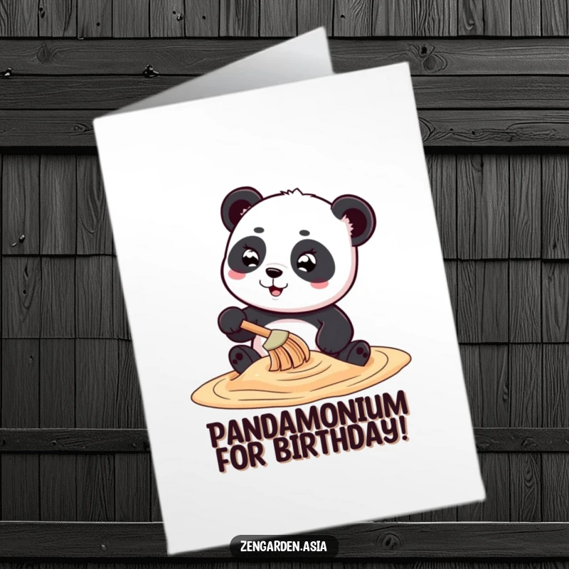 Funny free printable birthday card featuring a playful panda creating sand art with a tiny rake, perfect for birthday wishes.