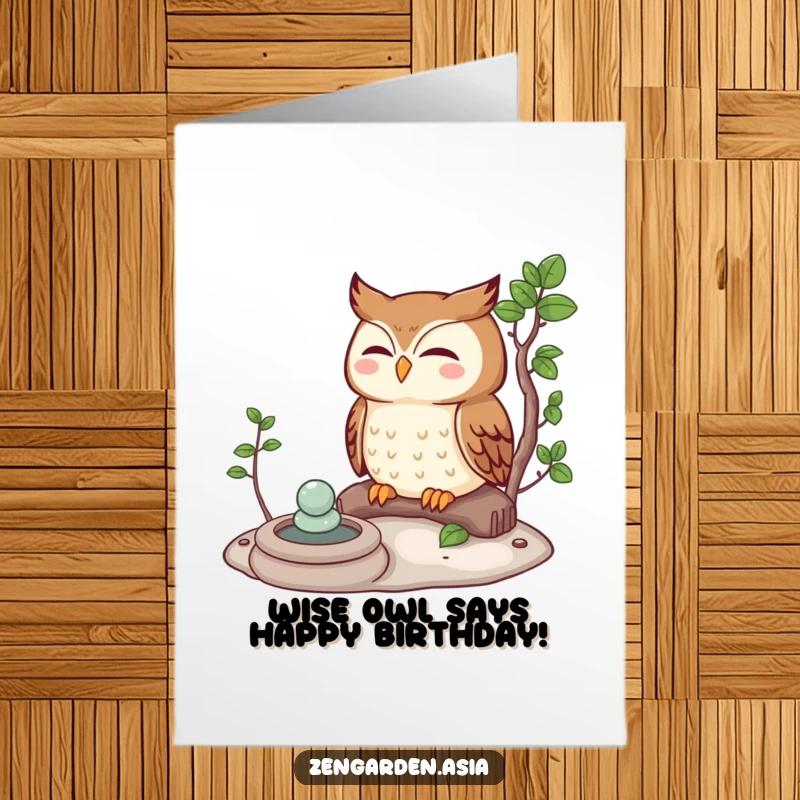 Funny free printable birthday card featuring a curious owl meditating serenely in a zen garden, ready to bring birthday cheer.
