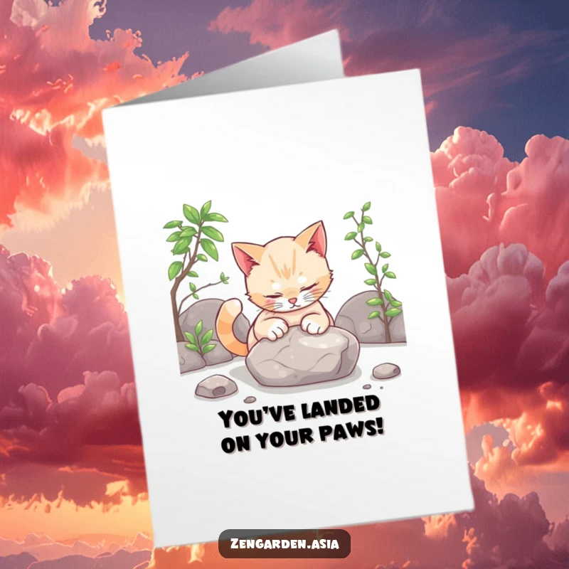 Funny Free Printable Congrats Card: Curious cat gently pats a smooth stone in a zen garden, finding peace in your success.