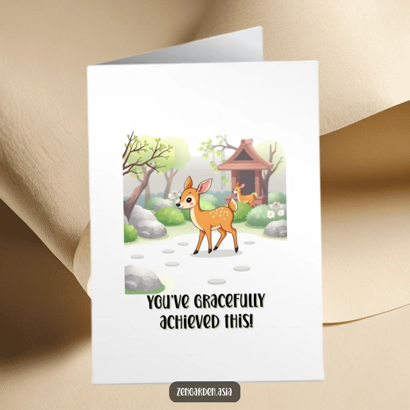 Graceful Free Printable Congrats Card: Deer walks through a zen garden, leaving gentle paw prints, symbolizing a peaceful and successful journey.