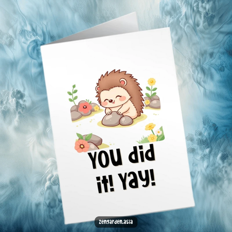 Funny free printable congratulations card showing a happy hedgehog arranging stones in a garden, a cute symbol of accomplishment.