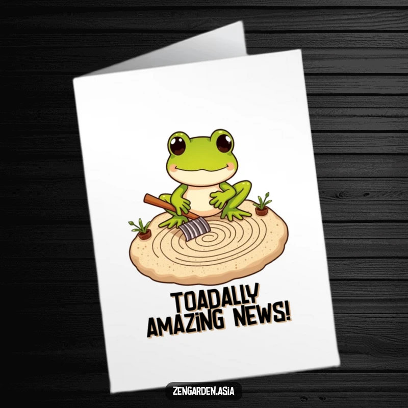 Funny free printable congratulations card: frog character raking sand garden, celebrating achievements with mindful detail.
