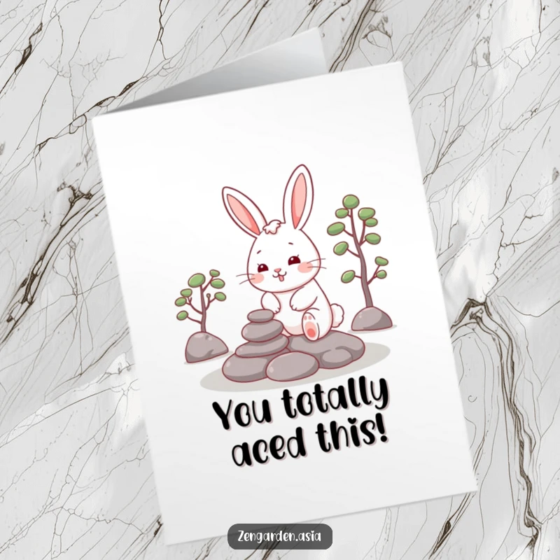 Funny Free Printable Congratulations Card: A cheerful rabbit meticulously arranges stones in a zen garden, celebrating a balanced success.