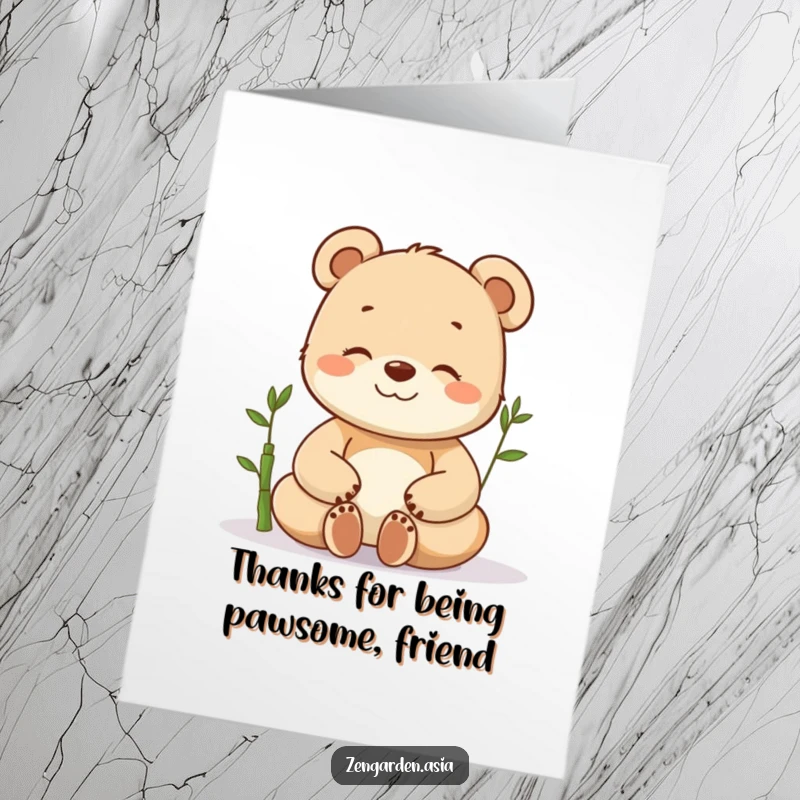Funny Free Printable Thank You Card depicting a happy bear cub meditating peacefully with a little bamboo plant nearby.