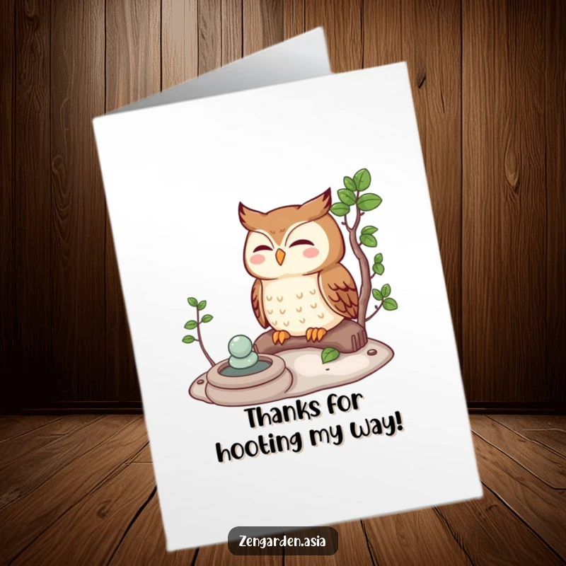 Funny free printable thank you card featuring a curious owl meditating peacefully in a zen garden, offering thanks with a smile.