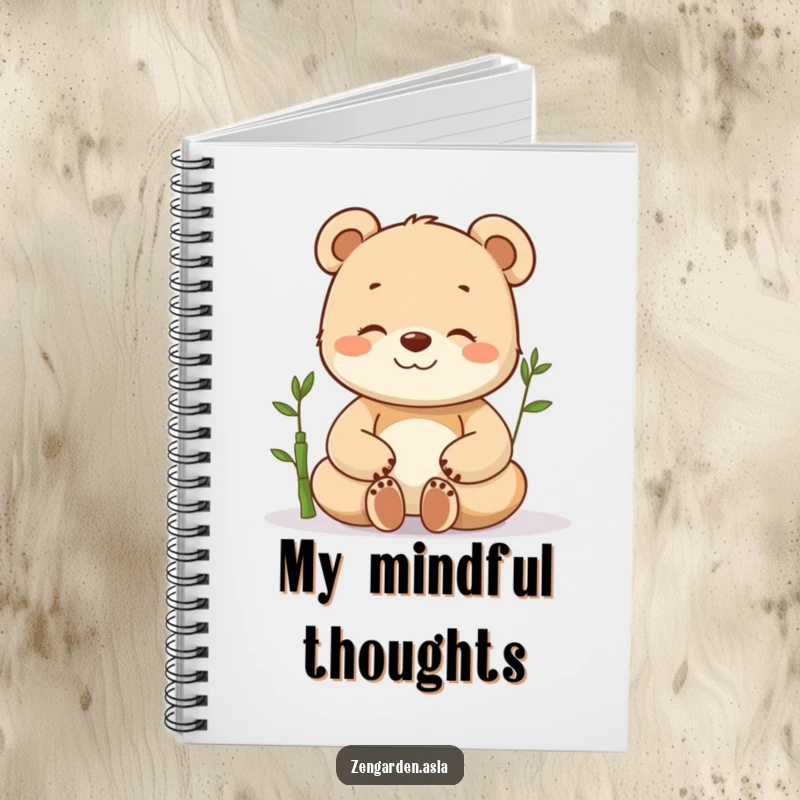 Funny happy bear cub notebook cover, meditating peacefully next to a tiny bamboo sprout, ready for journaling and creative ideas.