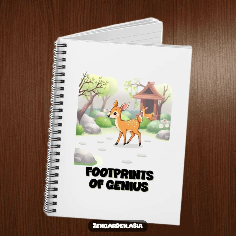 Funny deer zen notebook, a graceful deer walking through a zen garden, leaving paw prints, ideal for journaling and reflection.