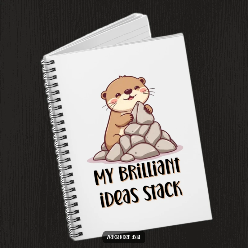 Funny Otter Builder Notebook: A playful otter smiles while stacking rocks, symbolizing creative focus for jotting down building ideas.