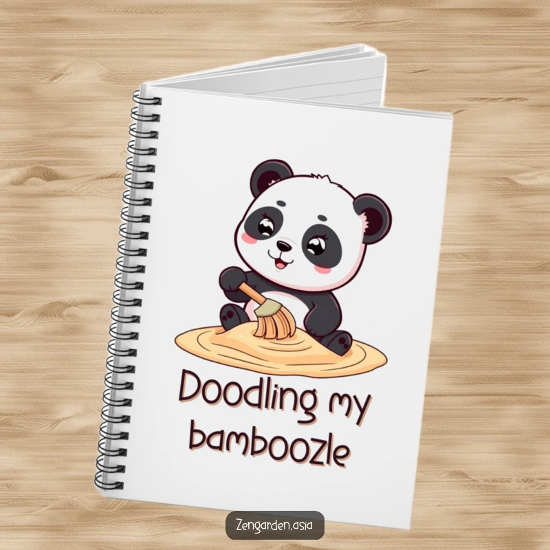 Funny playful panda character creating swirling sand art with a tiny rake, on the cover of a humorous and inspiring notebook.