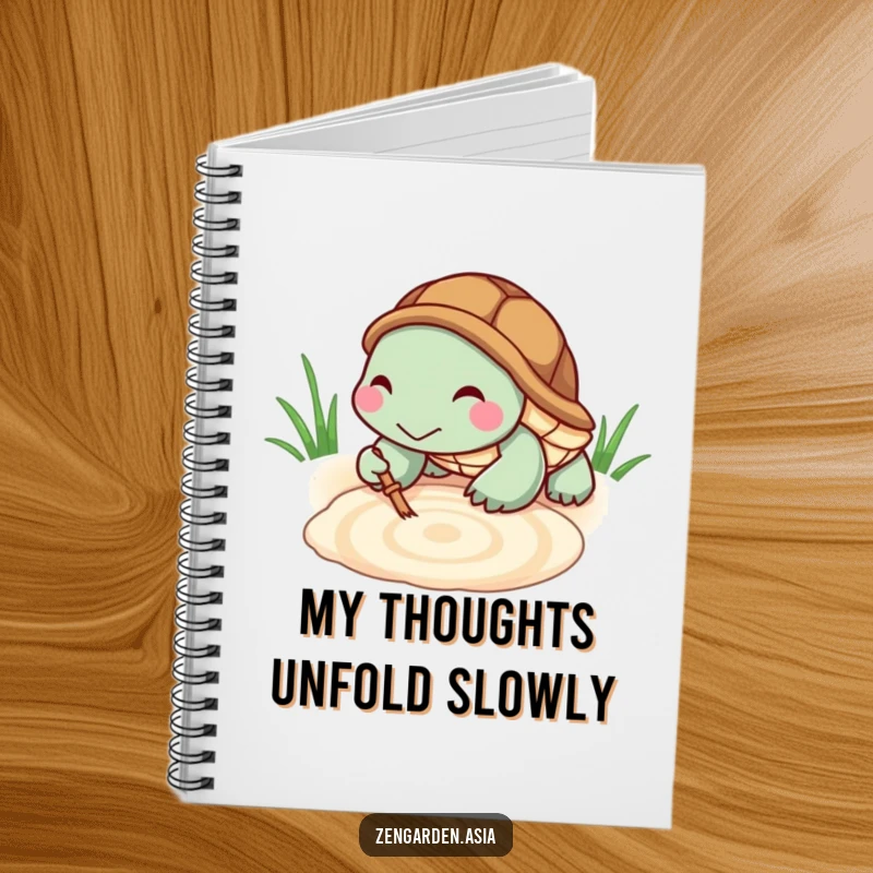 Funny Turtle Zen Notebook: A tiny, smiling turtle rakes a zen pattern, symbolizing calm focus for jotting down thoughts.