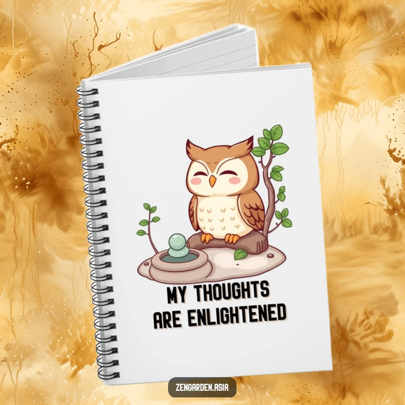 Funny owl character meditating in a Zen garden, featured on the cover of a humorous and inspiring notebook.