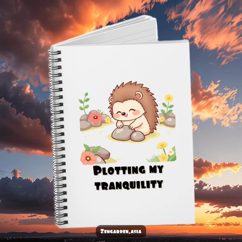 Funny happy hedgehog placing stones in a tranquil garden, featured on the cover of a humorous and inspiring notebook.