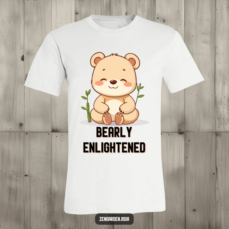 Funny happy bear cub t-shirt, meditating peacefully with eyes closed, a tiny bamboo sprout nearby, embodying calm and joy.