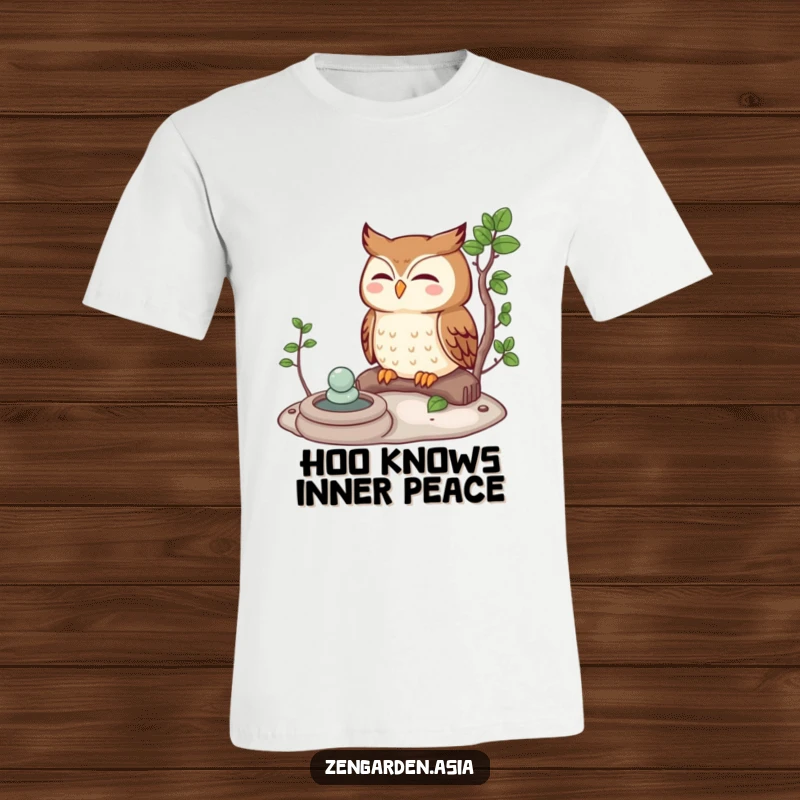 Funny owl character meditating cross-legged in a tranquil Zen garden, conveying peace and humorous contemplation.