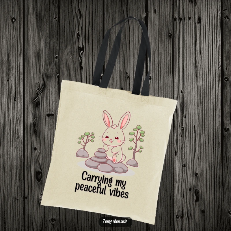 Funny Rabbit Zen Tote Bag: A cheerful rabbit carefully places stones in a zen garden, symbolizing calm artistry on the go.