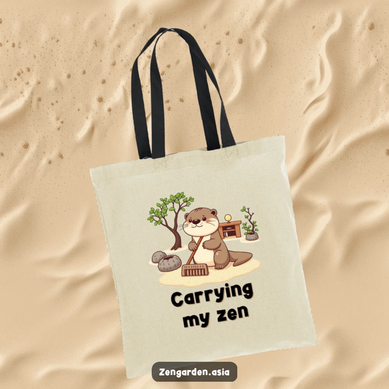 Funny otter zen tote bag, a happy otter raking sand in a zen garden, promoting mindfulness and relaxation, practical.