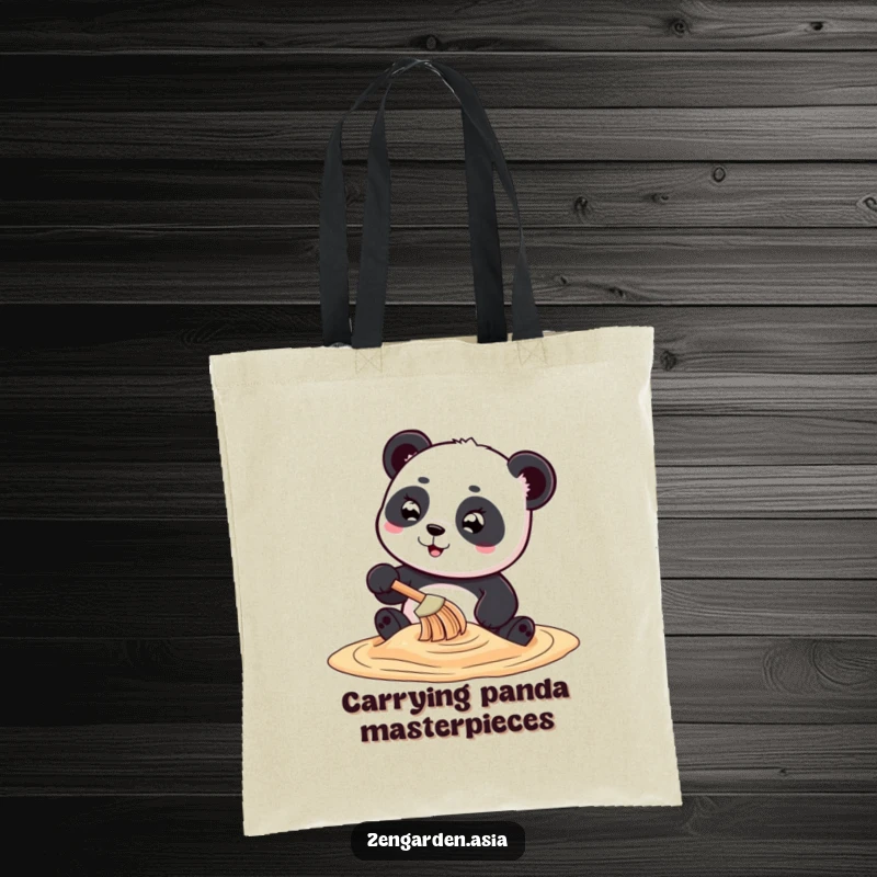 Funny playful panda character using a tiny rake for swirling sand art, showcased on a sturdy and humorous tote bag.