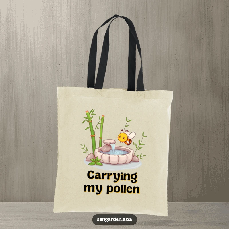 Funny Zen Bee Tote Bag featuring a delightful bee near a miniature zen garden and bamboo fountain, blending humor and tranquility.